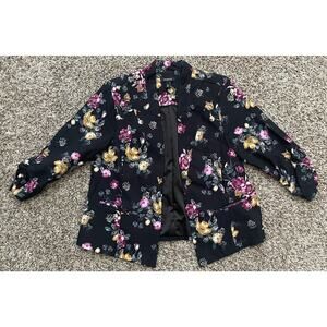 Torrid Size 00 Ruched Sleeve Shawl Collar Open Front Black Floral Cutaway Blazer